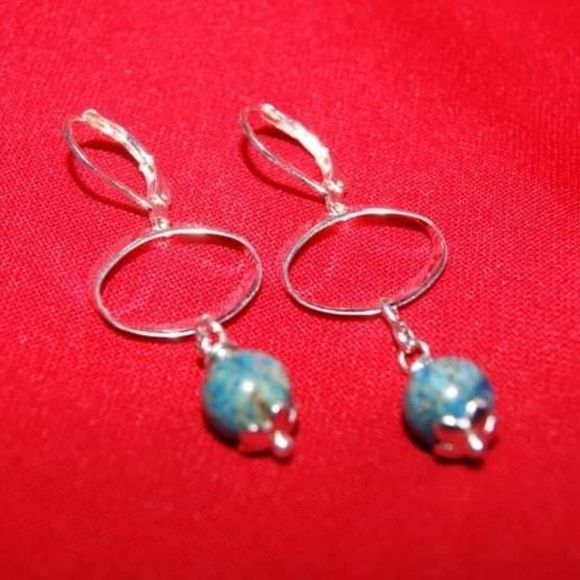 Handmade Imperial Jasper Gemstone & Flattened Silver Rings Dangle Earrings - Picture 5 of 6